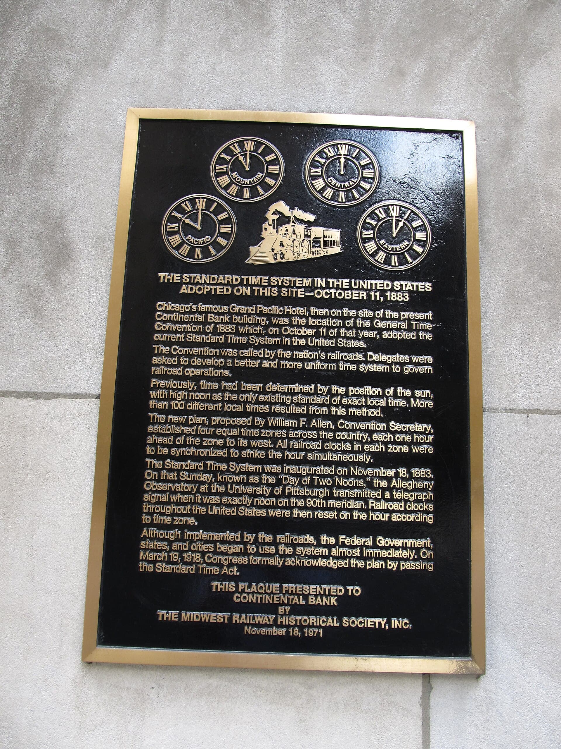 Placa conmemorativa del sistema horario estándar, Chicago 1883